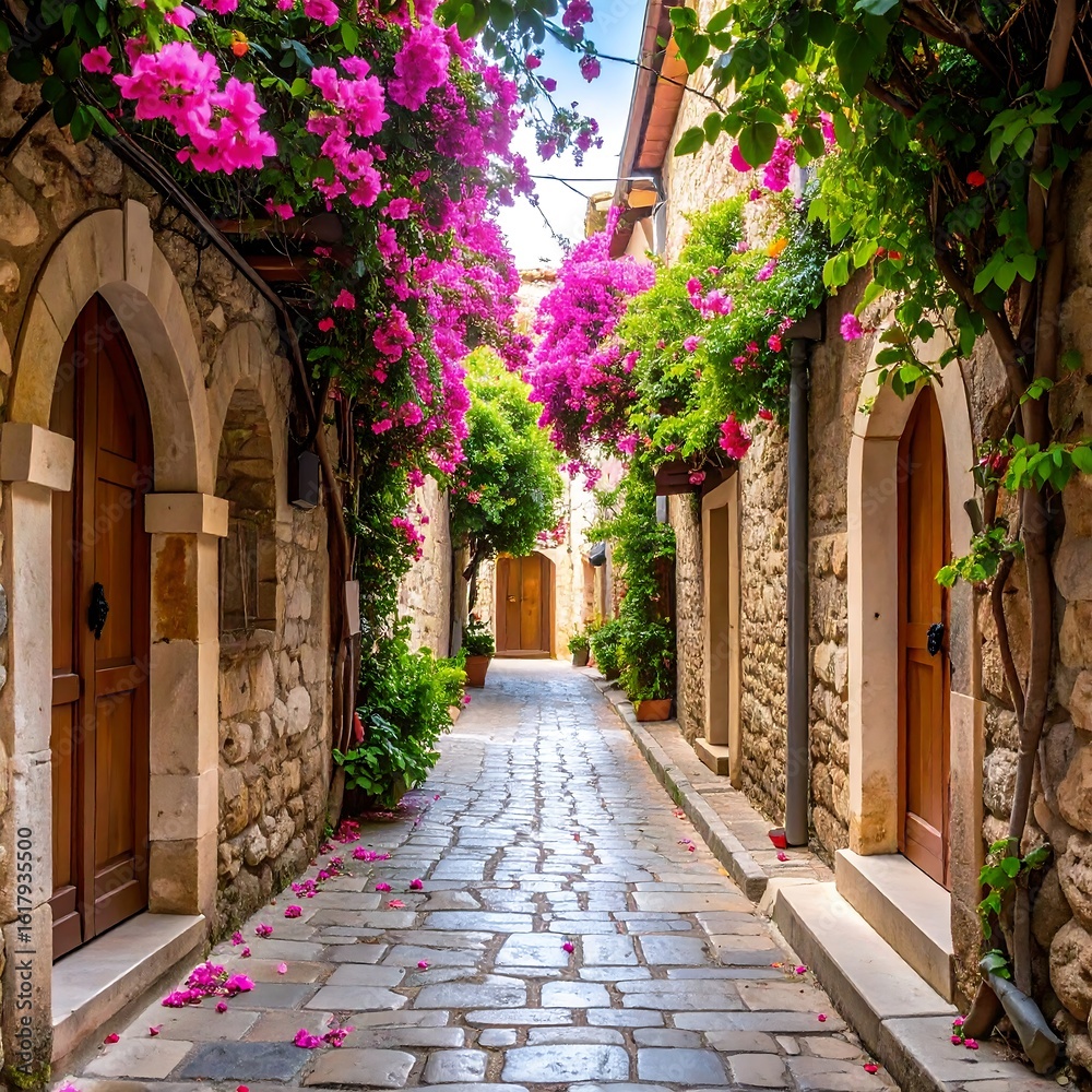 Fototapeta premium Picturesque European alleyway with vibrant flowers