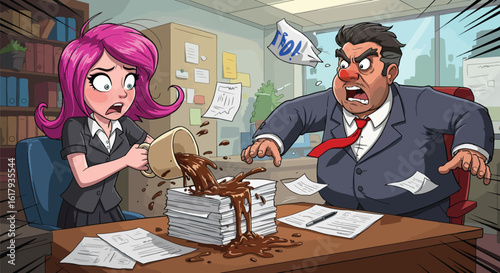 The coffee spill at work creates a very angry and frustrated boss