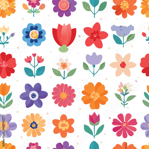 Bright Colorful Playful Botanical Icons Seamless Pattern Illustration