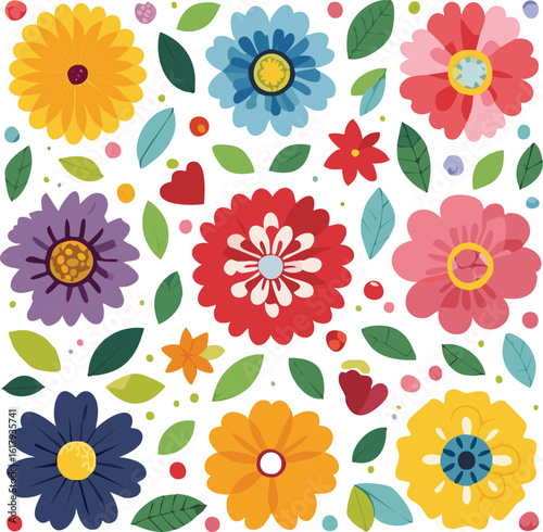 Bright Colorful Playful Botanical Icons Seamless Pattern Illustration