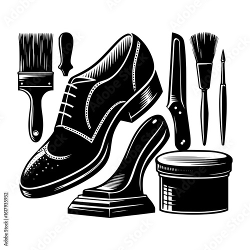 Vintage shoe repair tools and classic oxford shoe illustration