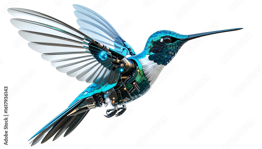 Obraz premium Futuristic robot hummingbird with metallic wings and glowing eyes, hovering mid-air. cybernetic body with mechanical feathers. Isolated on transparent background, PNG format.