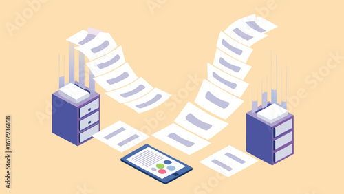 Isometric illustration of document flow between file cabinets and a digital tablet device shown