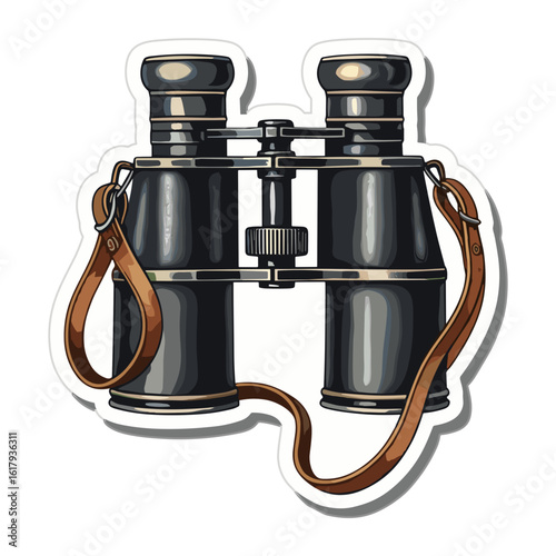 An isolated vector illustration of classic black binoculars with a leather strap. A sticker-style graphic for adventure and discovery.