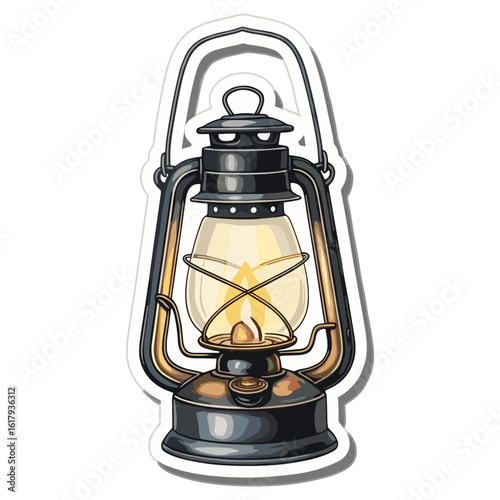 Stylized vector illustration of a vintage camping lantern. SVG icon design of a retro oil lamp with a glowing flame.
