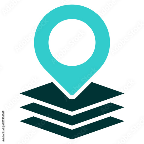 Layered Location Glyph Dual Tone Silhouette Icon Vector Design - Location pin stacked on layered tiles, representing location layers or multi-level mapping