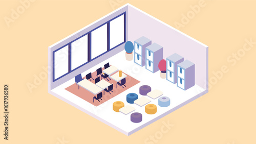 Isometric view of a modern office space with furniture and decor in a minimalist style design concept