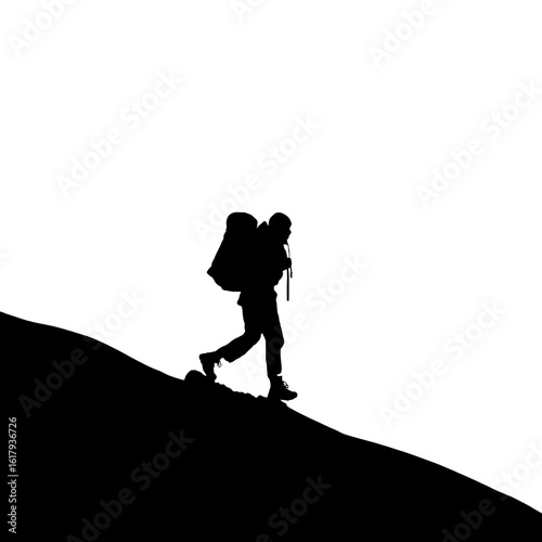 A silhouette of a person hiking up a hill.