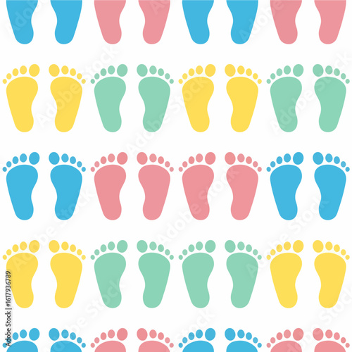 A cheerful seamless pattern features colorful baby footprints in bright shades of blue, pink, yellow, and green arranged in neat horizontal rows on a white background.