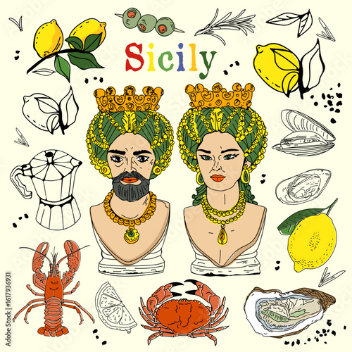 Sicily colorful collection including food, lemons and moor heads