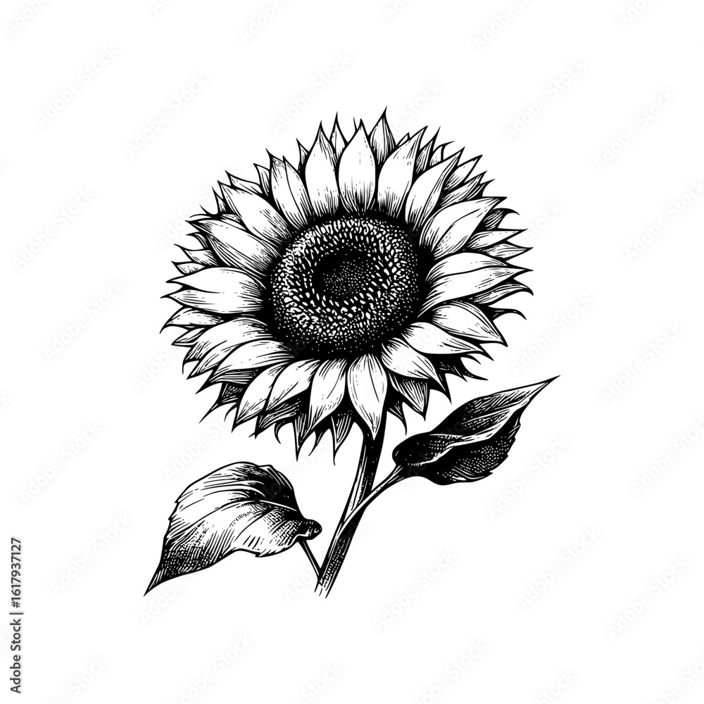 Fototapeta premium Detailed black and white pencil drawing of a single sunflower
