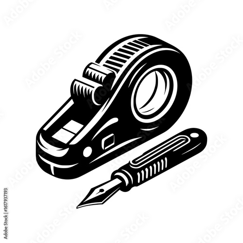 Vintage style illustration of a tape dispenser and fountain pen