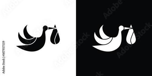 Stork with baby icon set in black glyph style. silhouette collection vector illustration.