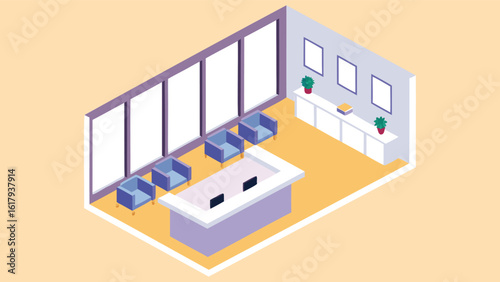 Isometric view of a waiting room with chairs, reception desk, and large windows in a modern office space