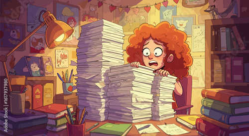 Cartoon image of a stressed out woman overwhelmed by paperwork on desk