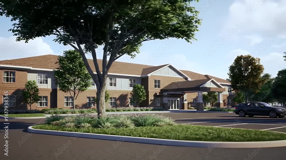 Two Story Brick Senior Living Building With Blue Sky and Street View Two Story Brick Senior Living Building With Blue Sky and Street View