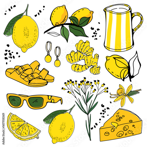 Colorful collection of yellow colored objects 