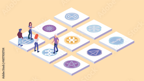 Isometric view of people standing on platforms with various symbols and light orange background color