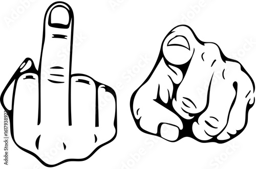 Two hands displaying offensive gestures, one giving the middle finger, the other pointing.