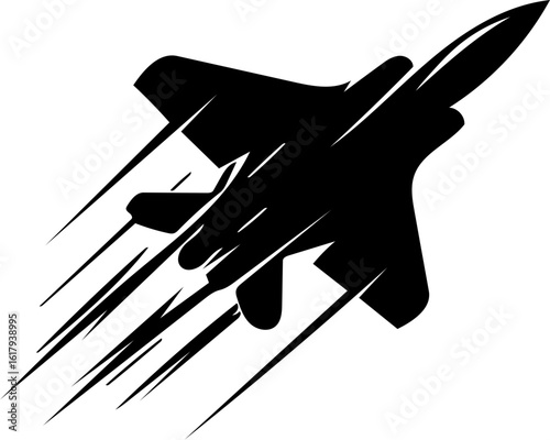 A stylized silhouette of a fighter jet in supersonic flight, depicted with motion streaks.