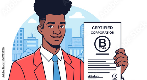 Business Professional Showcases Certified Corporation Document with B Corp Symbol