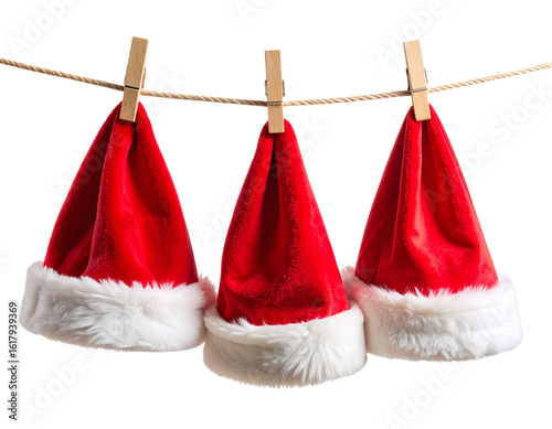  Santa Hat Hanging from a Clothesline with Wooden Clothespins, Front Angle, Isolated