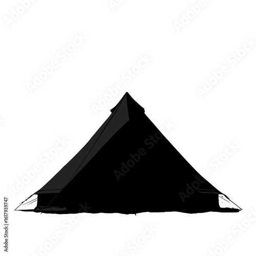 A minimalist illustration of a black pyramid-shaped tent.