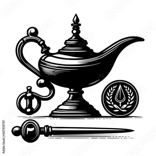 Ornate aladdin lamp and ancient artifacts in vintage engraving style
