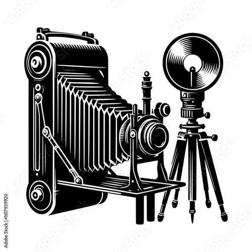 Vintage folding camera with flash and tripod
