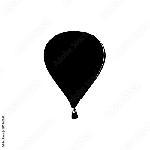 A stylized black hot air balloon silhouette soaring upwards.