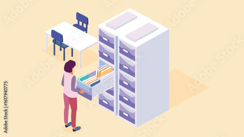 Isometric office scene depicting a person accessing files in a filing cabinet near a table and chairs