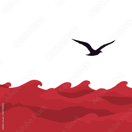 A seagull soars over stylized red waves.