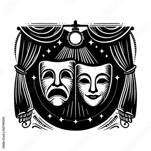 Classic theatre masks of comedy and tragedy behind curtains