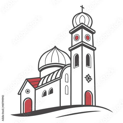Stylized illustration of a white church with red accents and domes on a white background