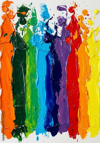 Thick Vertical Rainbow Oil Paint Streaks with Expressive Blobs and Splatters on White Canvas – Bold Abstract Art