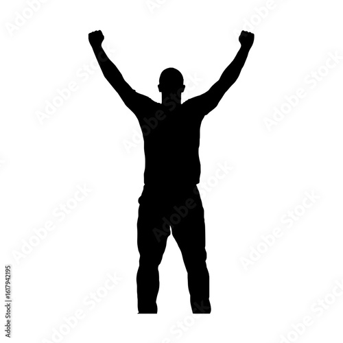 Silhouette of a person raising arms in victory.