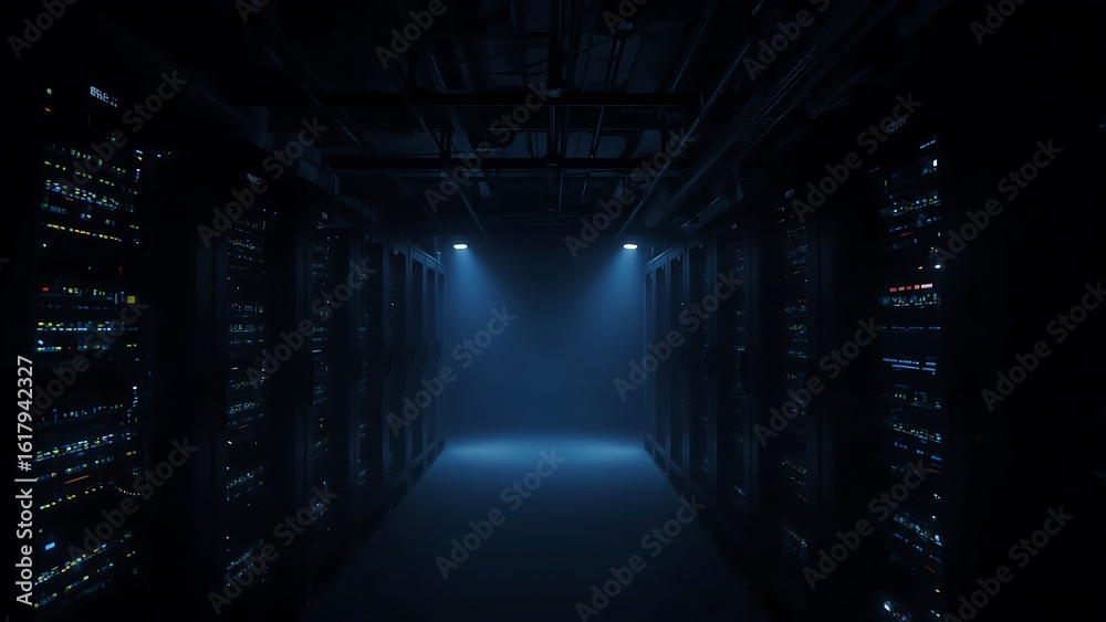 Fototapeta premium Server room illuminated only by blinking server LEDs in near darkness, cooling pipes faintly visible, atmospheric haze, ultra-realistic, 4K.