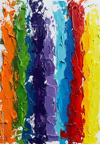 Thick Vertical Rainbow Oil Paint Streaks with Expressive Blobs and Splatters on White Canvas – Bold Abstract Art