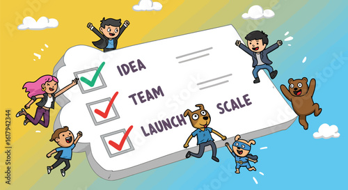 Cartoon people and animals celebrating progress on a business checklist strategy