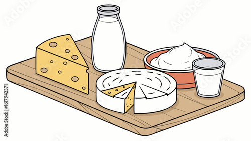 An assortment of dairy products including cheese, milk, and cream arranged on a wooden board creates a delicious and nutritious still life isolated on white background