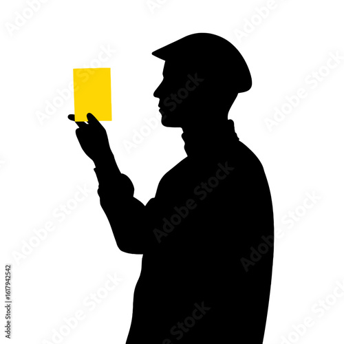 A referee's silhouette holds up a yellow card, signaling a foul.