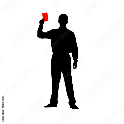 Referee holding up a red card as a symbol of a foul or a warning.