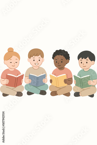 Diverse Group of Children Reading Books Together - Educational Illustration