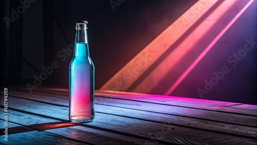 Isolated blank wine bottle with red liquid on a table reflecting green and white light