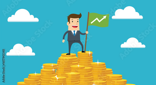 Cartoon businessman conquering a mountain of gold coins with flag in hand