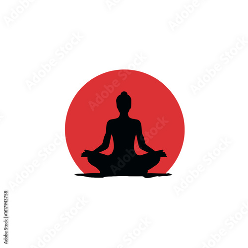 Silhouette of a person meditating in front of a red sun.