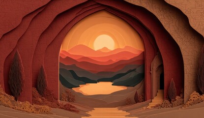 Crédence de cuisine Bordeaux Layered paper art of a cave opening to a sunset landscape  © Gopyx