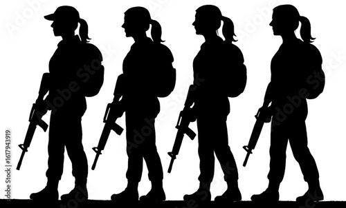 Silhouettes of Armed Individuals, Black Color Isolated on White Background