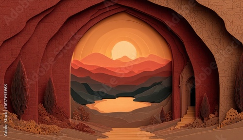 Fototapeta Naklejka Na Ścianę i Meble -  Layered paper art of a cave opening to a sunset landscape