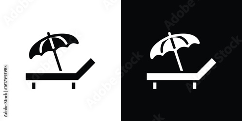Beach chair with umbrella icon set in black glyph style. silhouette collection vector illustration.
